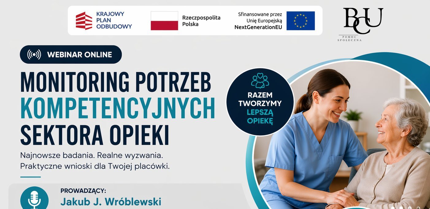 Infografika o webinarze pt. Monitoring potrzeb kompetencyjnych sektora opieki